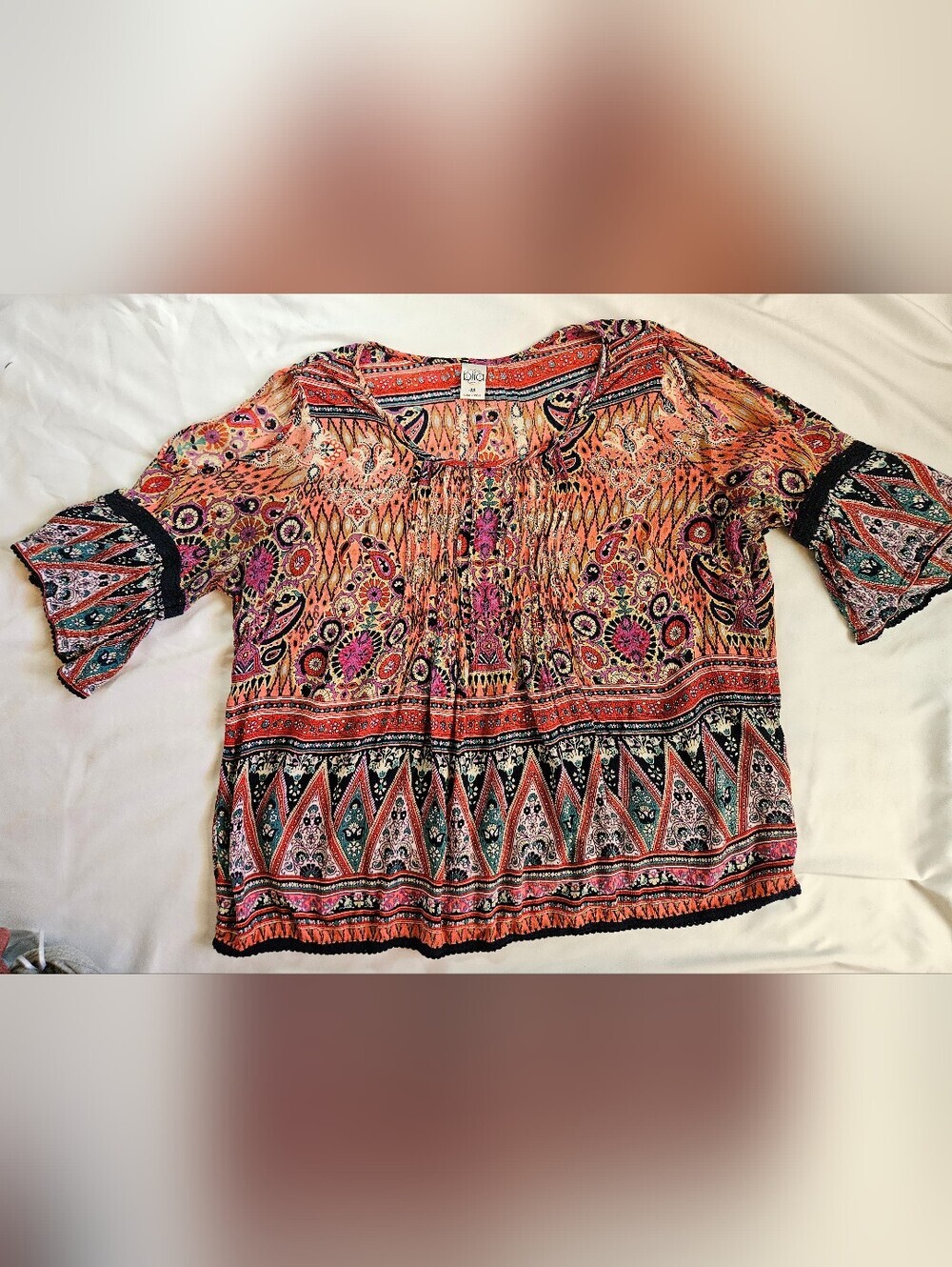 Bila Womens Orange Multicolor Paisley Bell Sleeve Cold Shoulder Blouse Size M